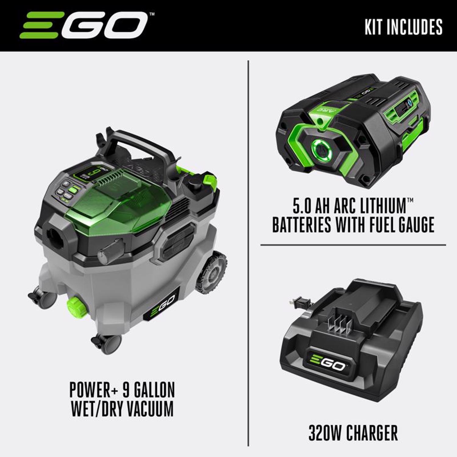 EGO Power+ WDV0904 9 gal Cordless Wet/Dry Vacuum Kit (Battery & Charger) 56 V W/ 5.0AH BATTERY - Jamoozus