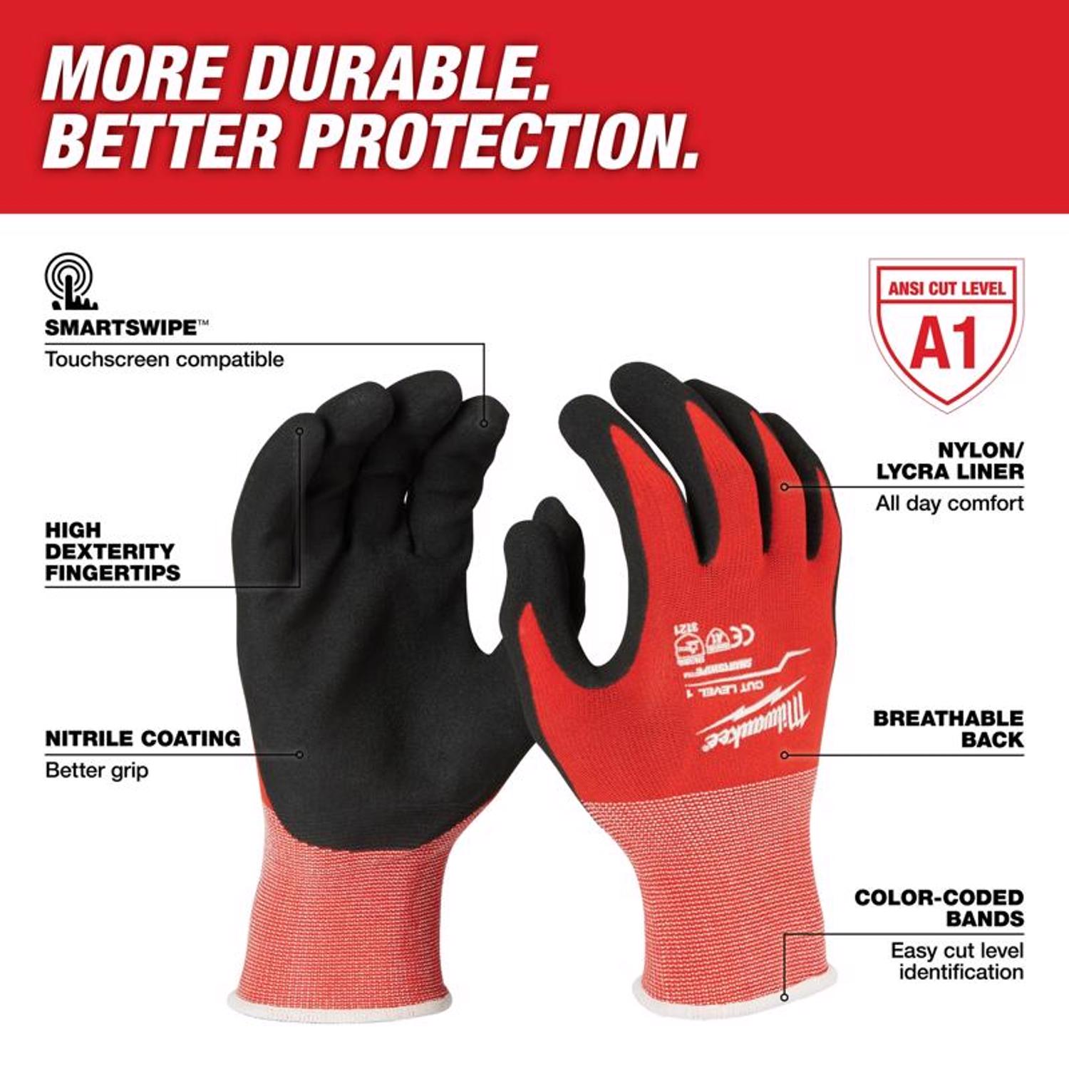 Milwaukee Cut Level 1 Nitrile Dipped Cut Resistant Gloves Red L 1 pair - Jamoozus