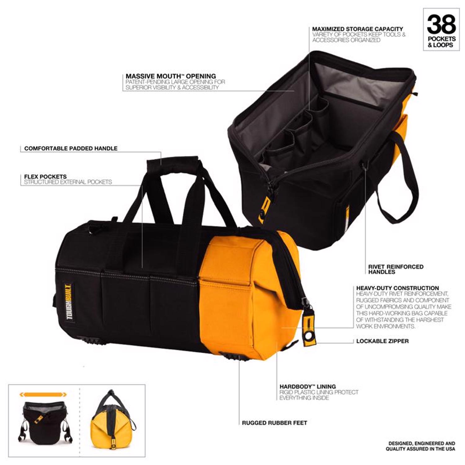 ToughBuilt 16 in. W X 10 in. H Polyester Massive Mouth Tool Bag 38 pocket Black/Gray/Orange 1 pc - Jamoozus