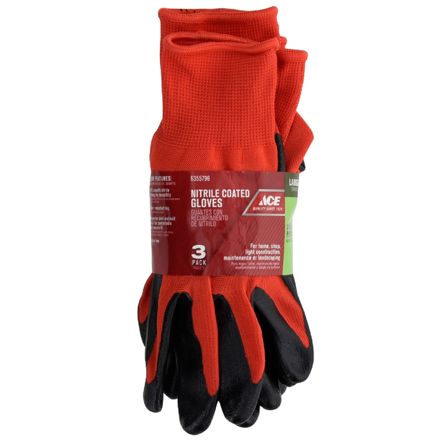 Ace Men's Indoor/Outdoor Coated Work Gloves Red L 3 pk - Jamoozus
