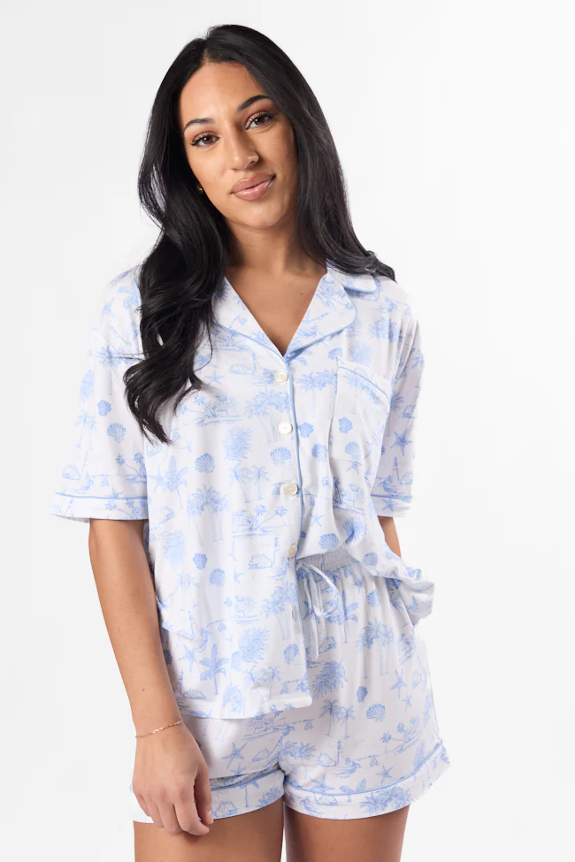 Under the Stars Blue Coastal Toile Short Sleeve Pajama Top - Jamoozus