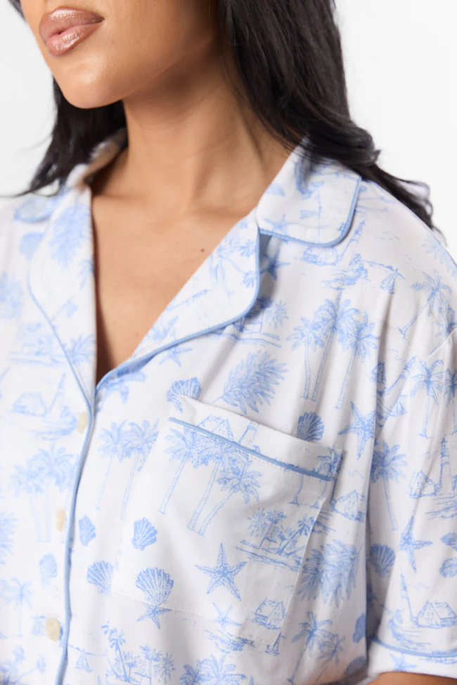 Under the Stars Blue Coastal Toile Short Sleeve Pajama Top - Jamoozus