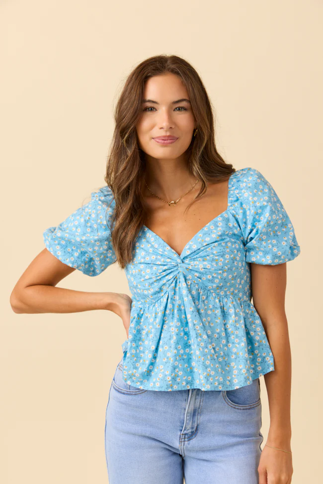 Twist On Things Blue Floral Twist Bust Woven Blouse - Jamoozus