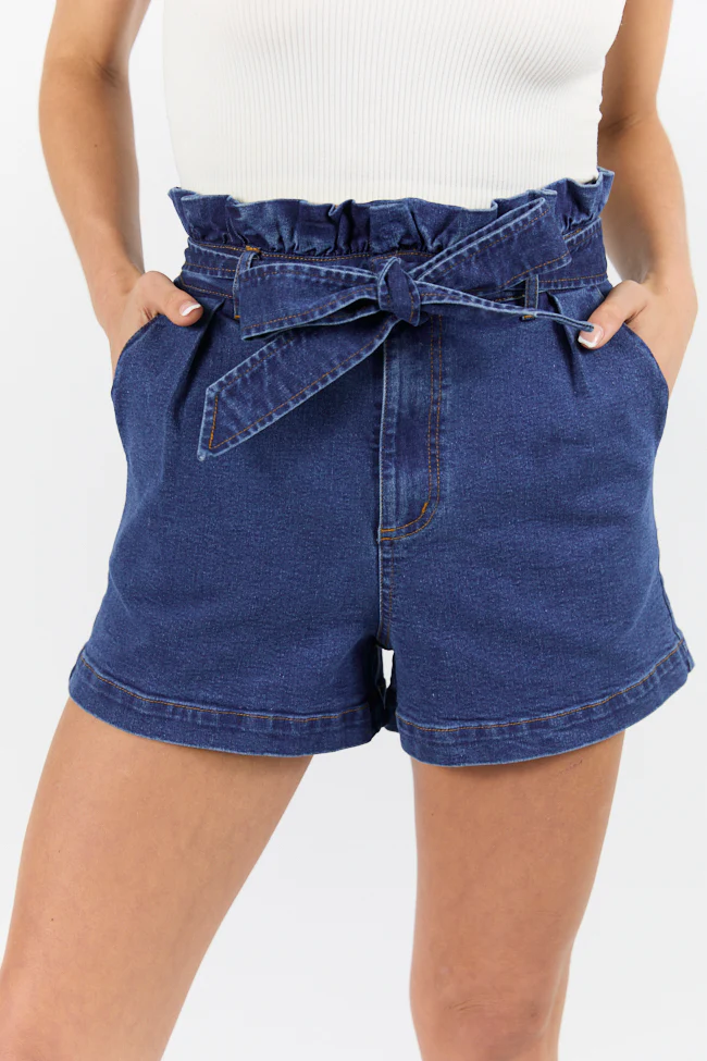 What's New Dark Wash Paperbag Waist Belted Denim Shorts FINAL SALE - Jamoozus