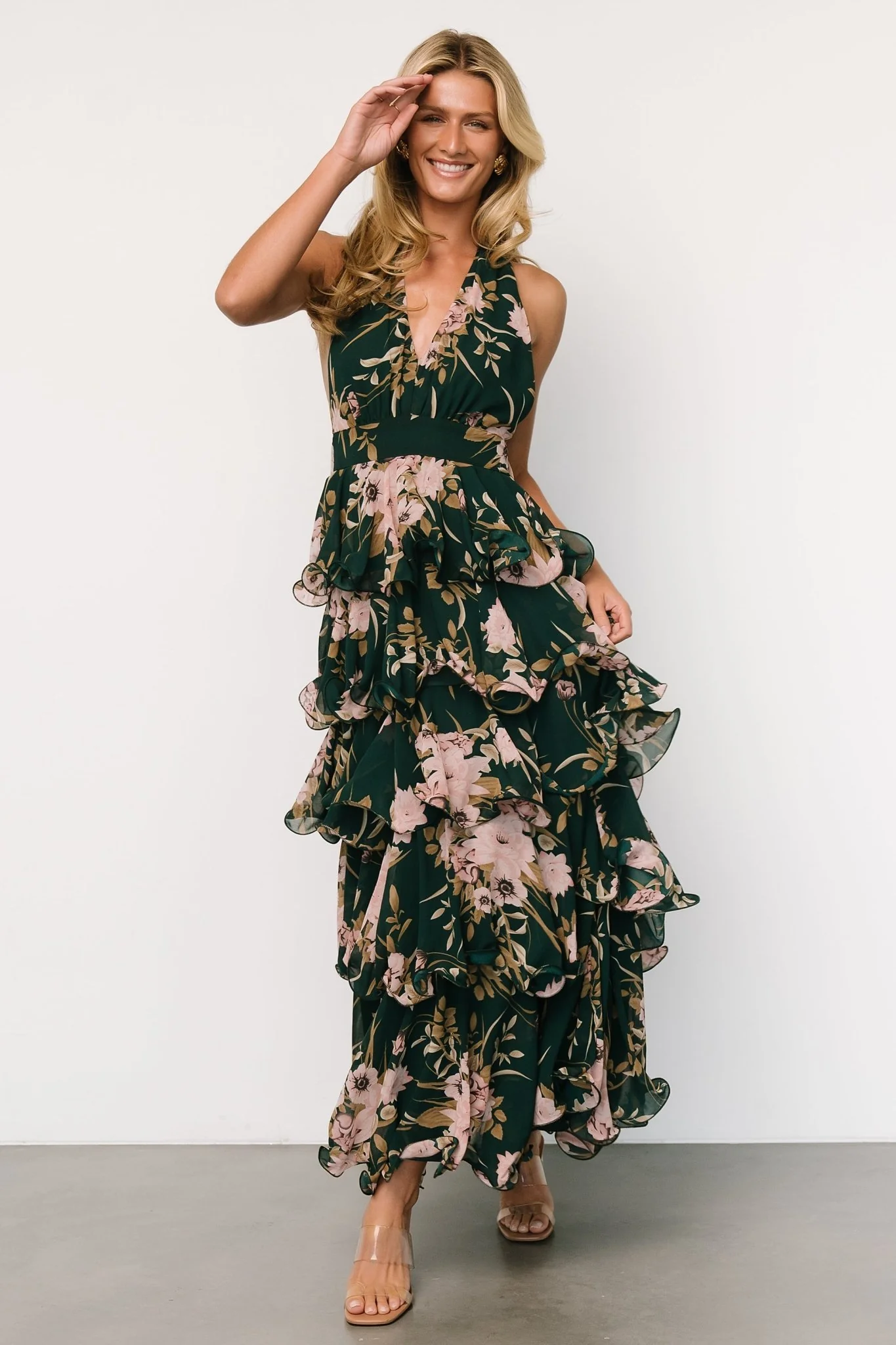 Jesslyn Open Back Tiered Maxi Dress | Green + Pink - Jamoozus