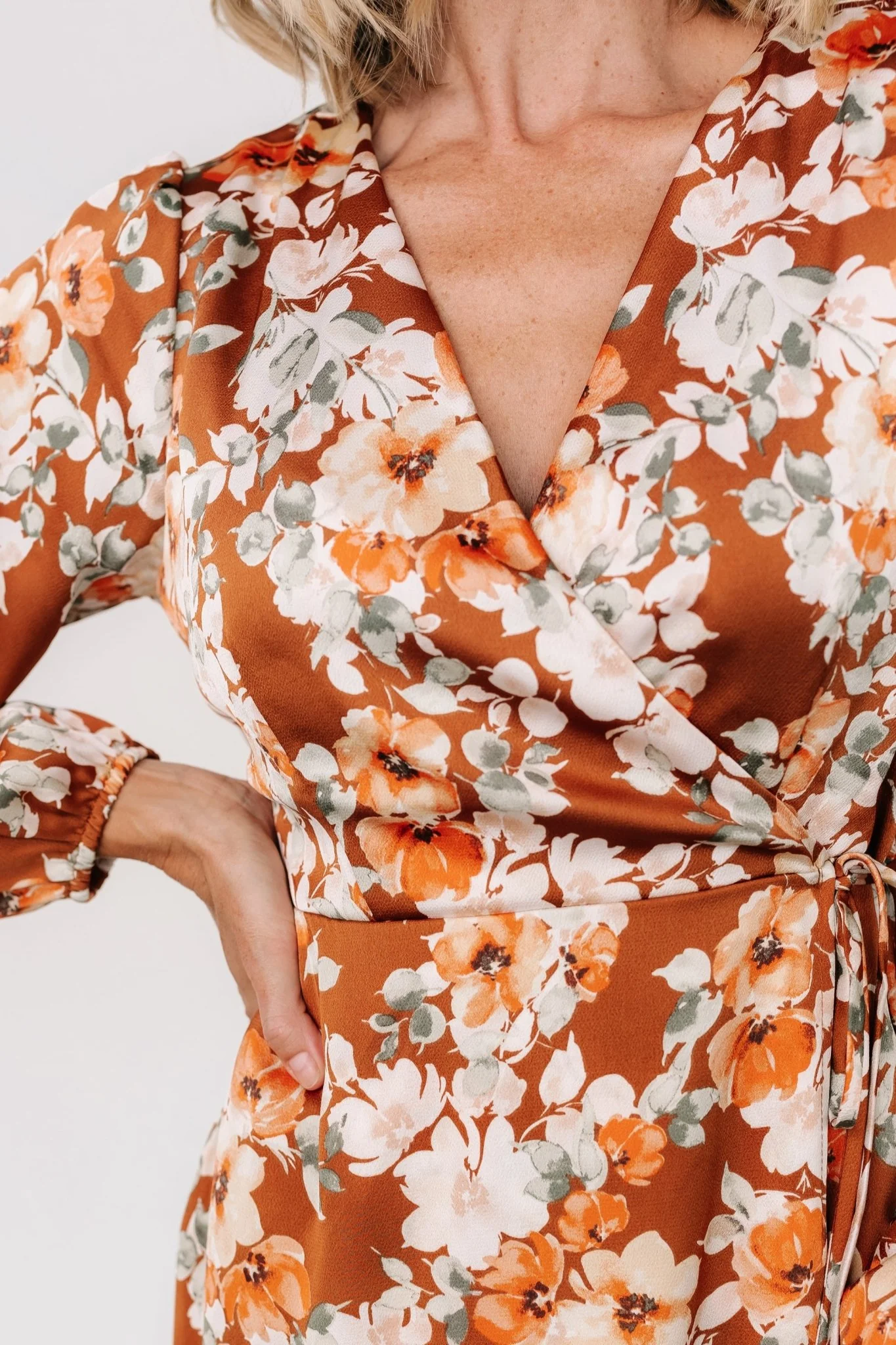 Clarissa Faux Wrap Midi Dress | Copper + Ivory - Jamoozus