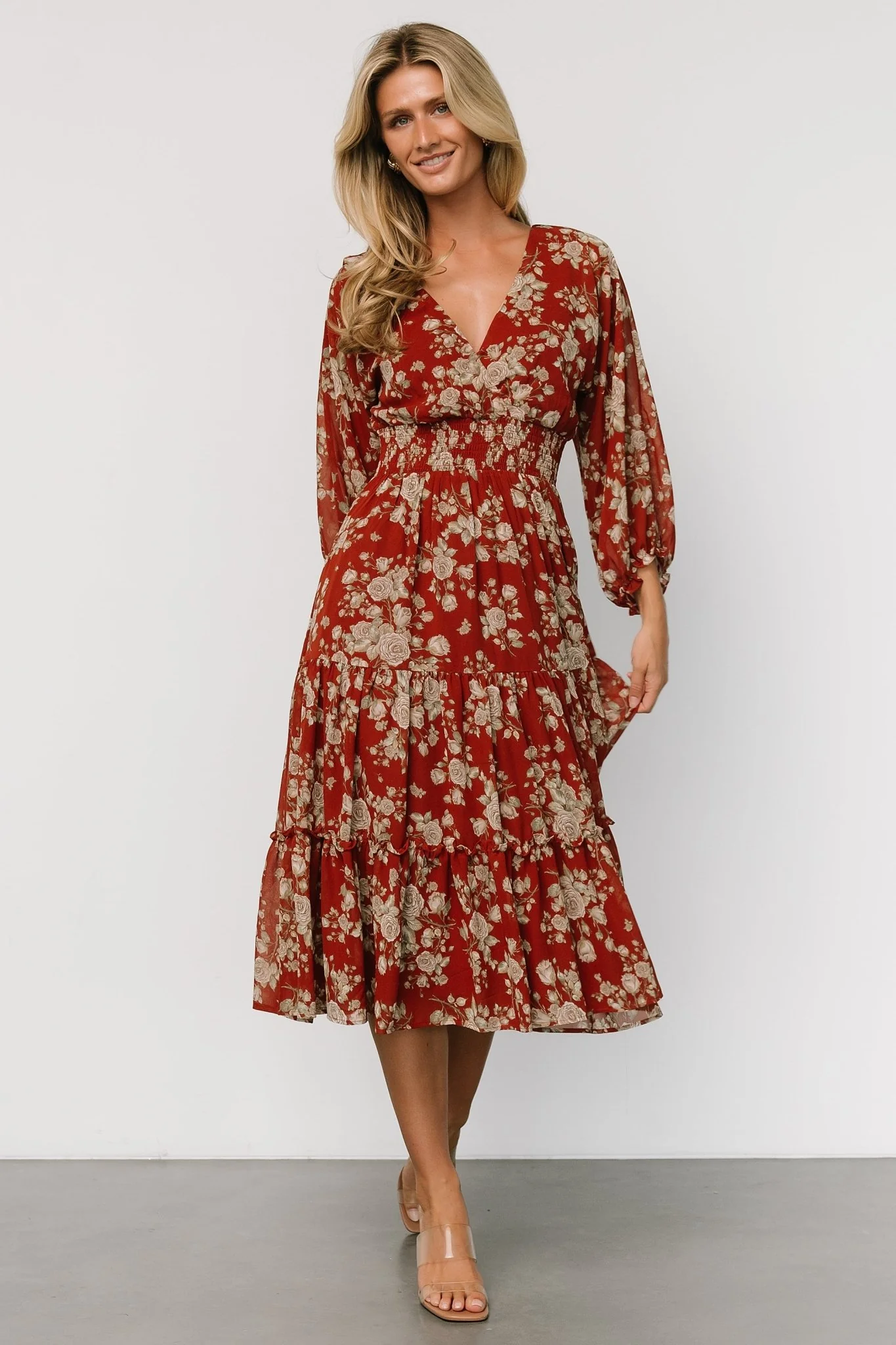 Coventry Tiered Midi Dress | Rust Floral - Jamoozus