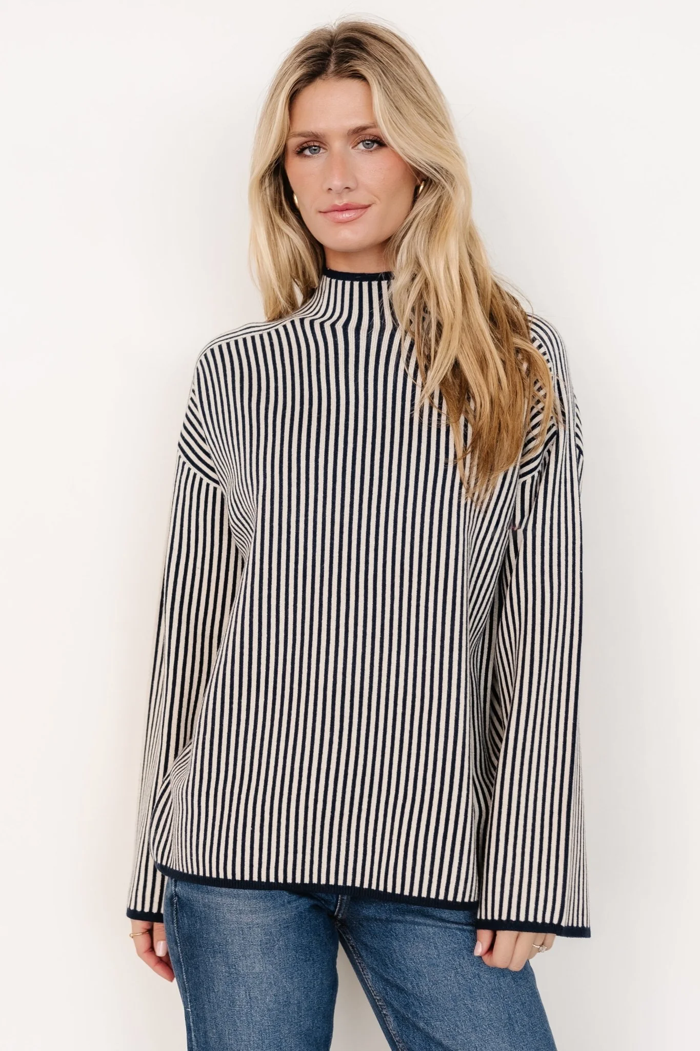 Kat Mock Neck Sweater | Navy Stripe - Jamoozus