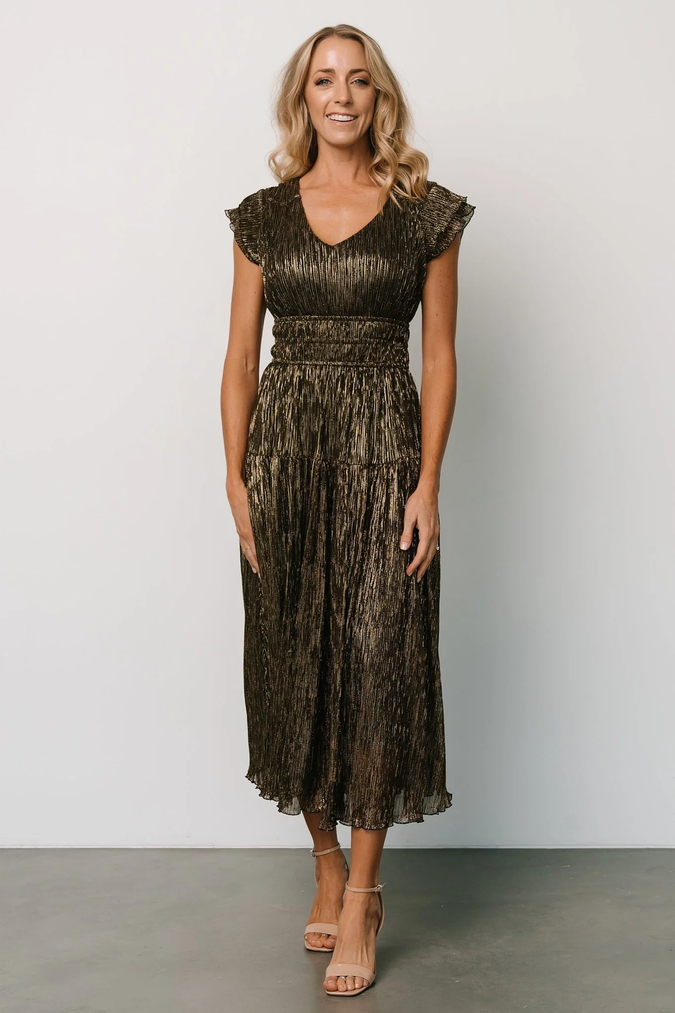 Miley Pleated Shimmer Dress | Gold - Jamoozus
