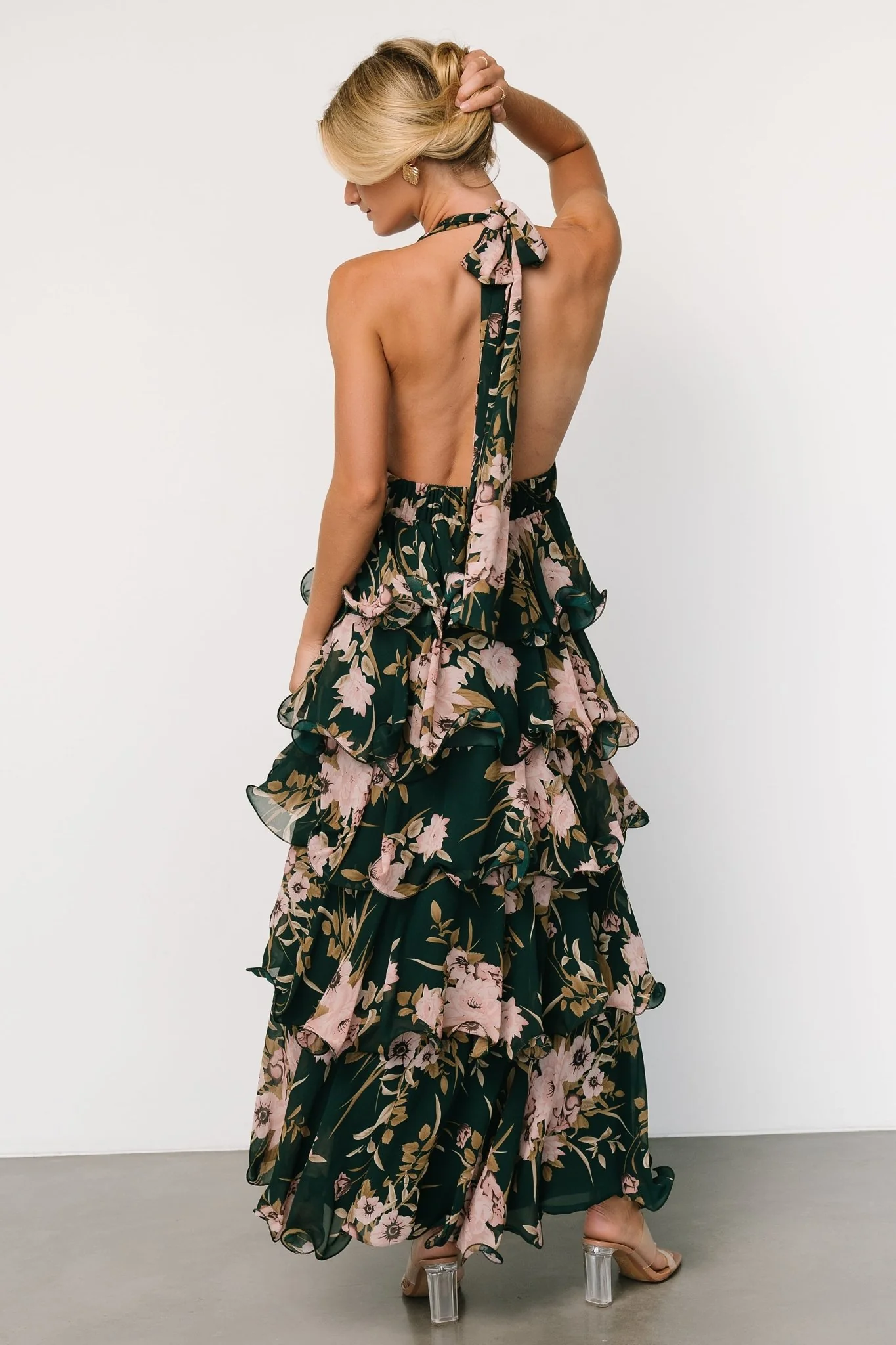 Jesslyn Open Back Tiered Maxi Dress | Green + Pink - Jamoozus