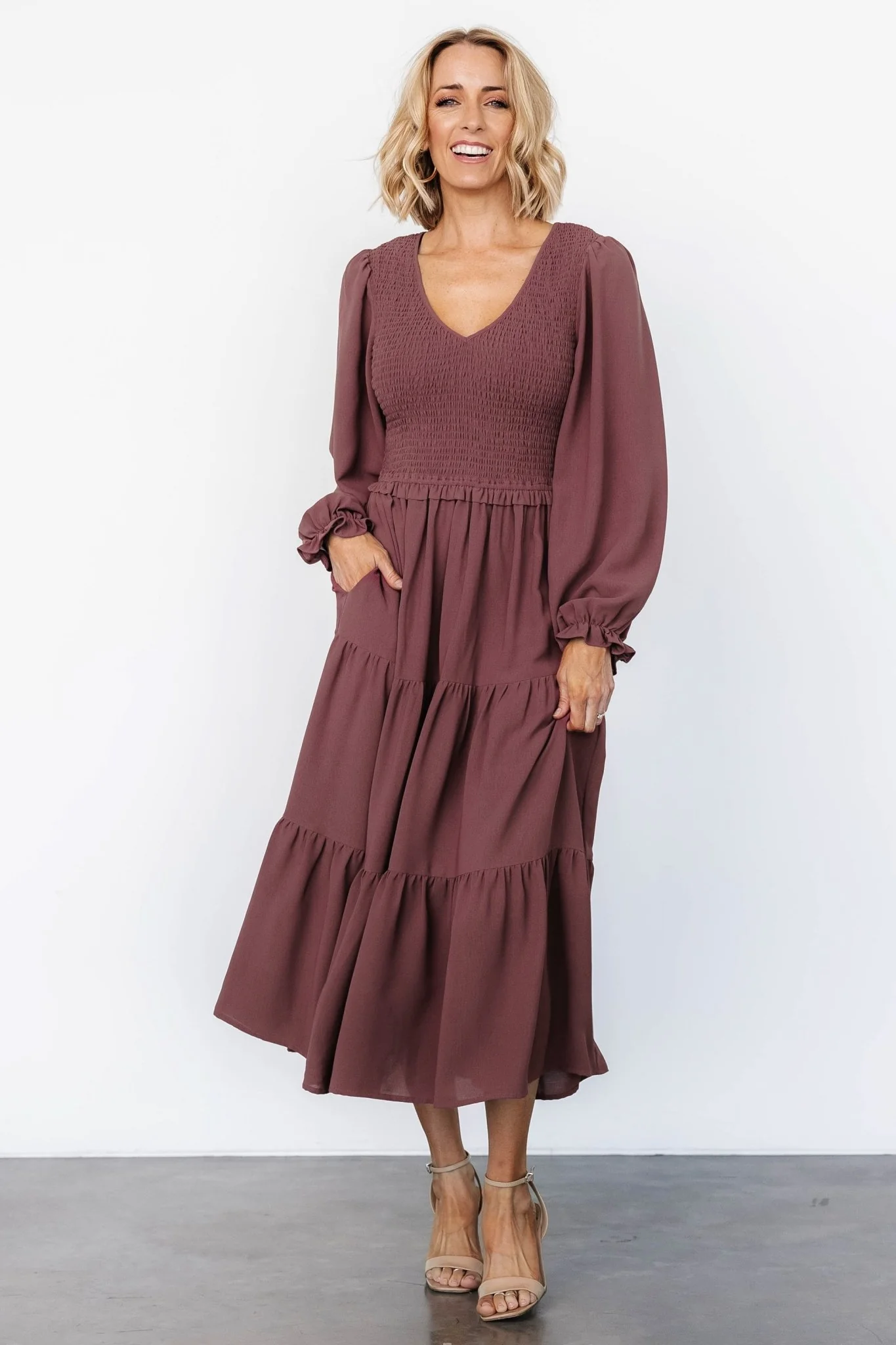 Endsley Smocked Midi Dress | Mauve - Jamoozus