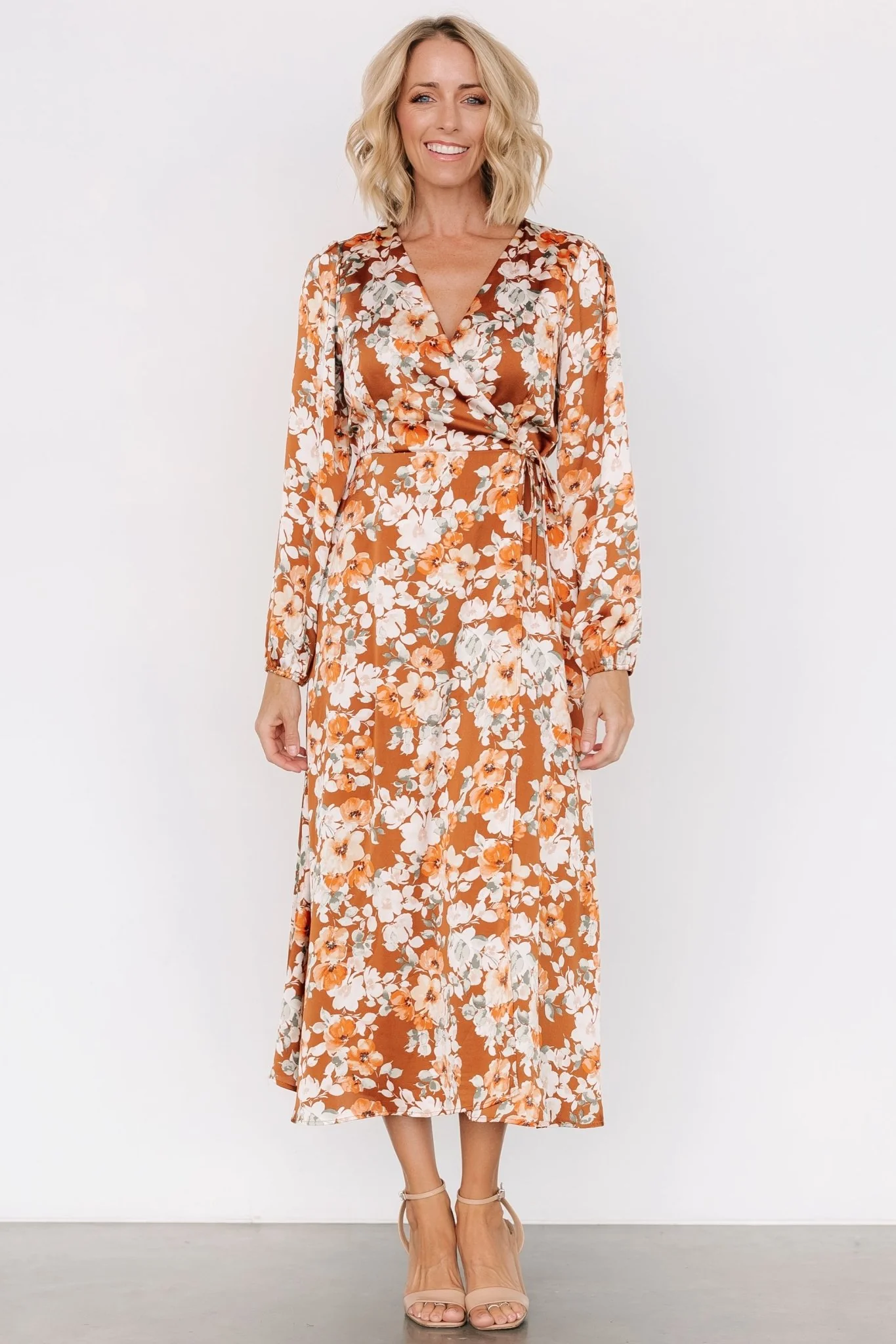 Clarissa Faux Wrap Midi Dress | Copper + Ivory - Jamoozus