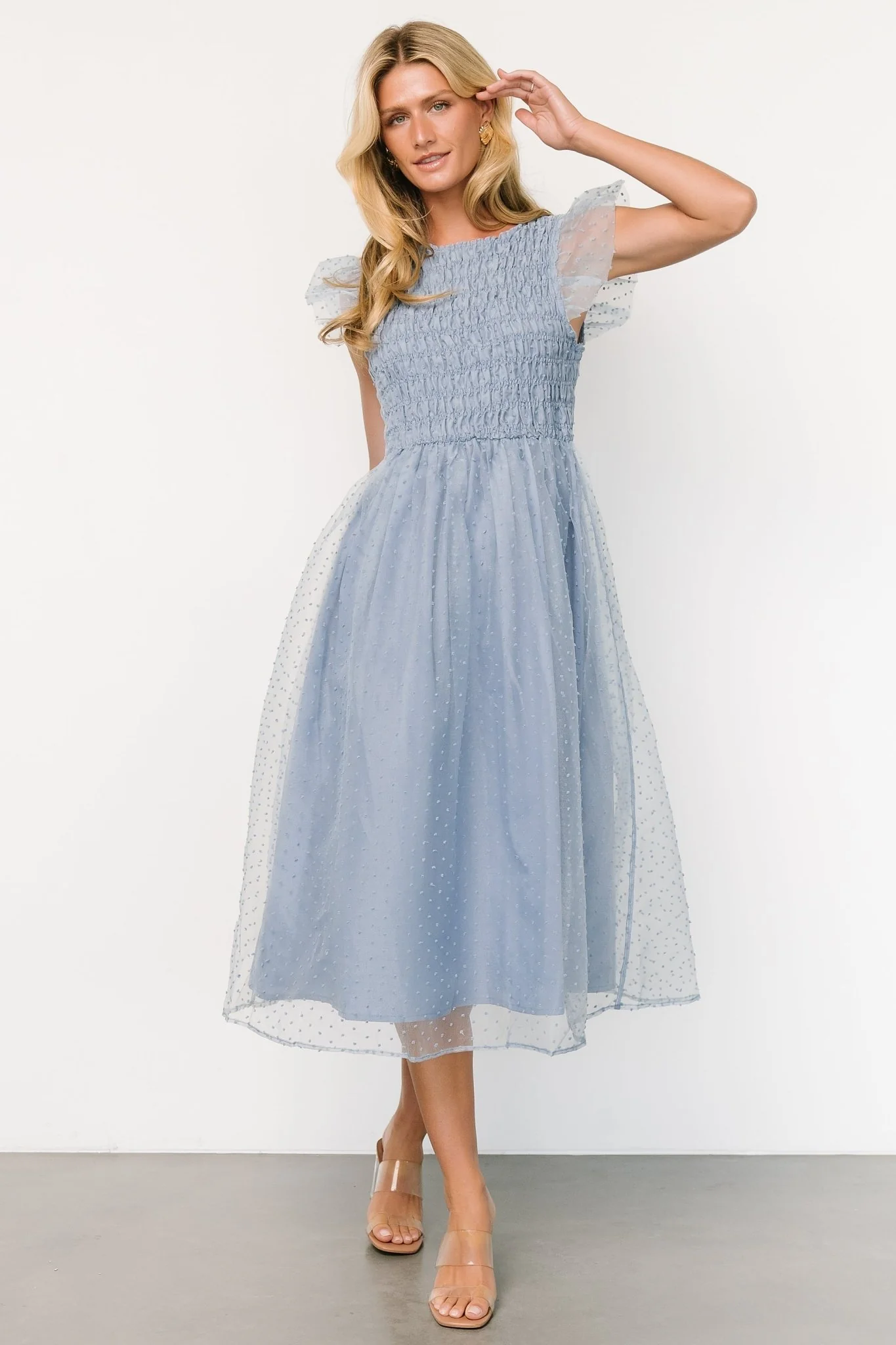 Alice Dot Midi Dress | Dusty Blue - Jamoozus